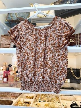 Max Studio Women's Brown Floral Short Flutter Sleeve Blouse Size s